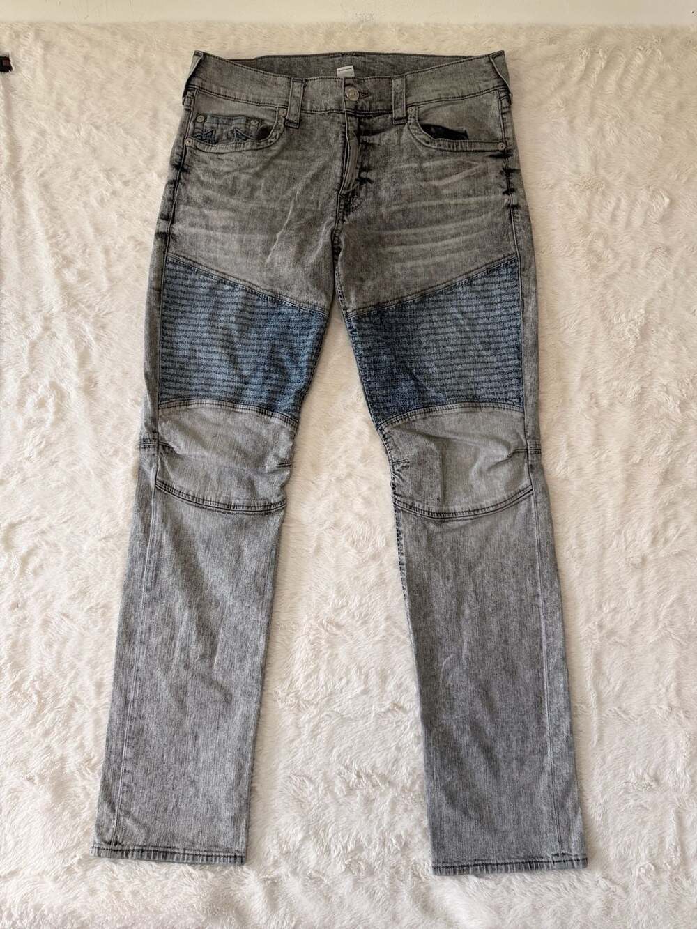 True Religion Slim Runstitch Moto Jeans Grey Acid Wash 36